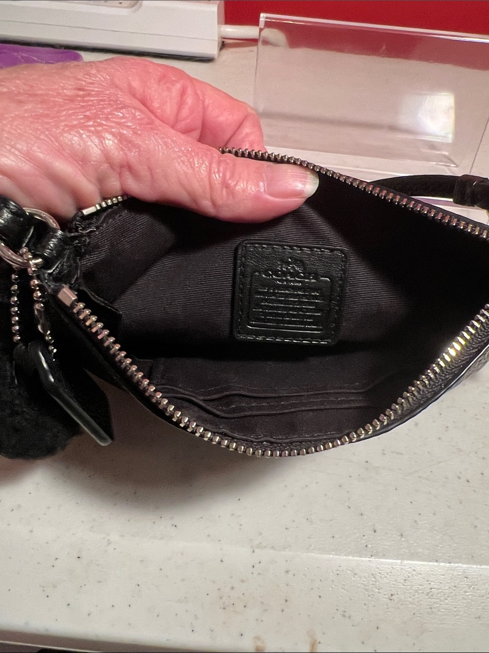 Coach Black Pebbled Leather Shearling-Trim Wristlet - Picture 10 of 14